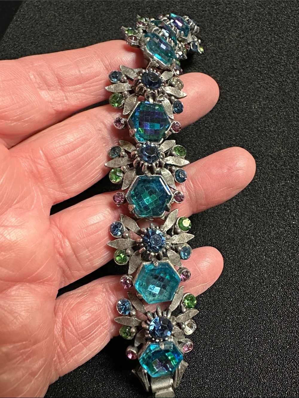 Vintage Signed FLORENZA Blue Aurora Borealis Rhinestone Link Bracelet (As-Is) - Picture 11 of 16